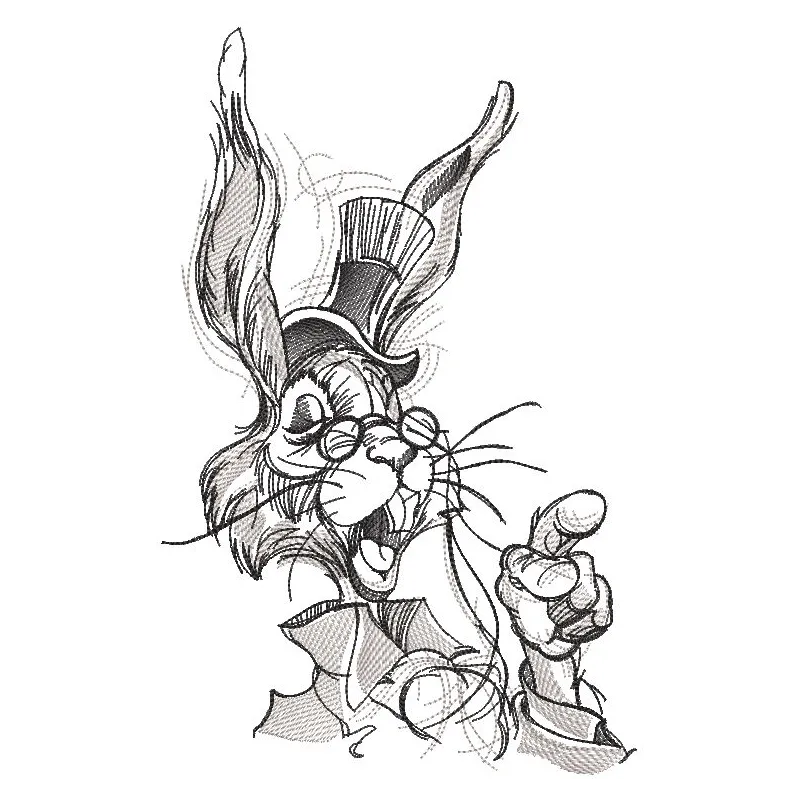 A playful rabbit in a hat laughing, featured in a whimsical embroidery design for bunnies.