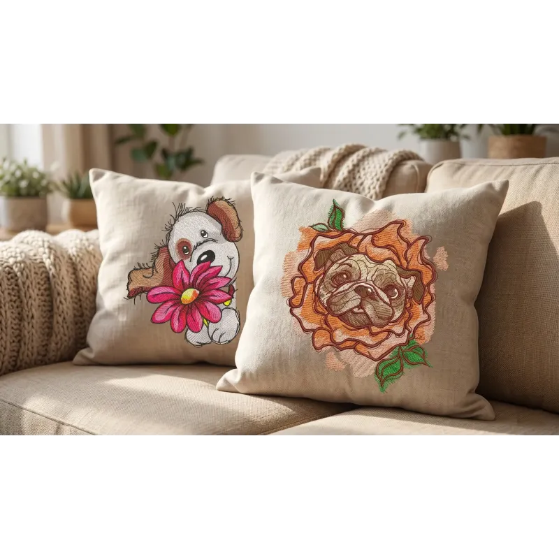 Cute puppy with big flower embroidery design preview showing stitched details
