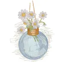 Embroidery design featuring daisies in a glass hanging vase, perfect for summer decor.
