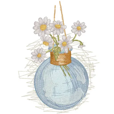 Embroidery design featuring daisies in a glass hanging vase, perfect for summer decor.