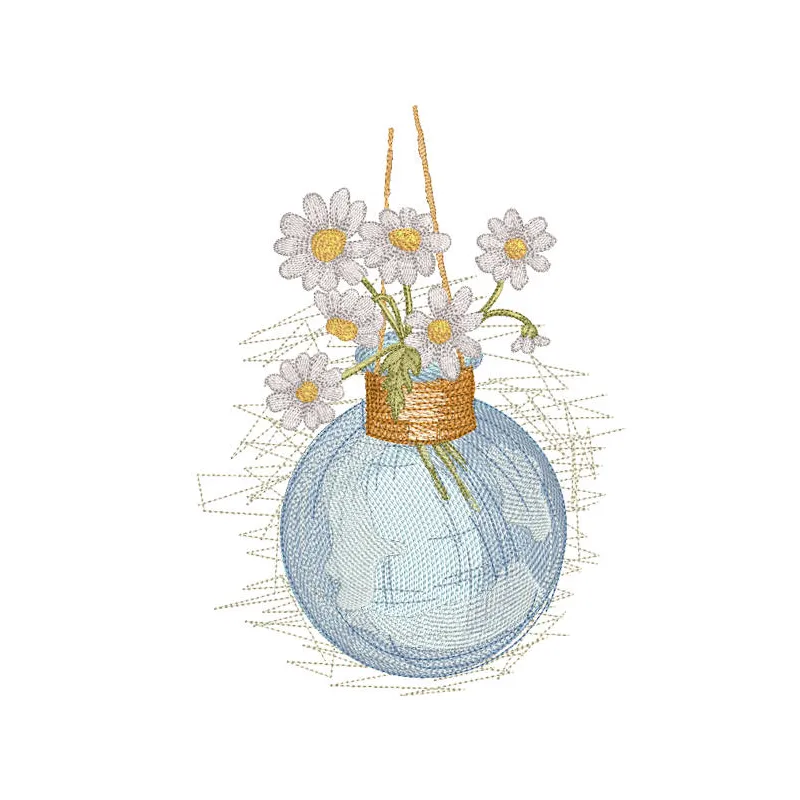 Embroidery design featuring daisies in a glass hanging vase, perfect for summer decor.