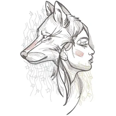 Embroidery design featuring two faces of one woman, showcasing artistic expression and intricate stitching.