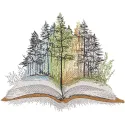 Book and fantasy forest embroidery design featuring vibrant colors and intricate details of a magical woodland.