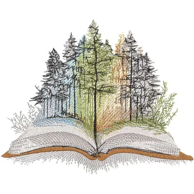 Book and fantasy forest embroidery design featuring vibrant colors and intricate details of a magical woodland.