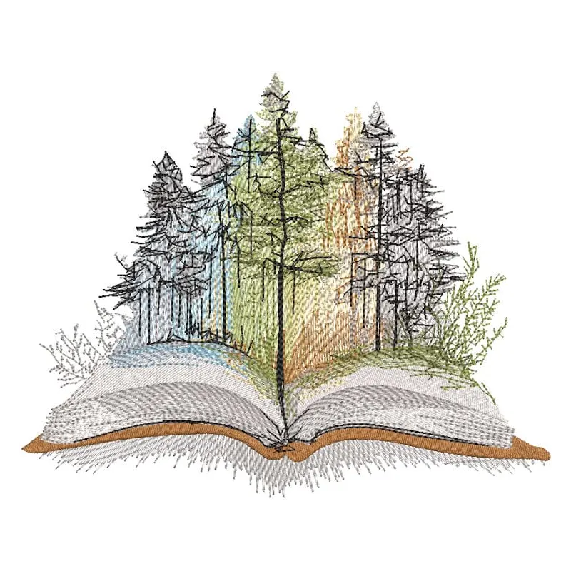 Book and fantasy forest embroidery design featuring vibrant colors and intricate details of a magical woodland.