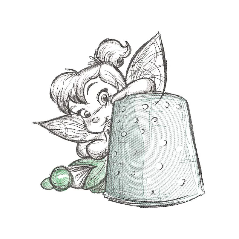 Tinker fairy with thimble embroidery design showcasing intricate stitching and vibrant colors on fabric.