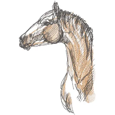 Detailed brown horse sketch embroidery design, showcasing intricate stitching and elegant lines on fabric.
