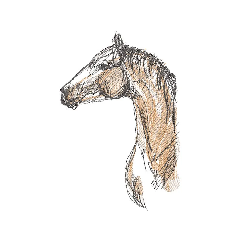 Detailed brown horse sketch embroidery design, showcasing intricate stitching and elegant lines on fabric.