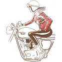 Embroidery design featuring a biker girl riding a Triumph motorcycle, showcasing adventure and freedom.