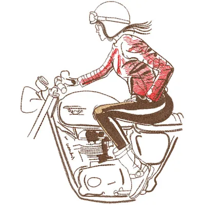 Embroidery design featuring a biker girl riding a Triumph motorcycle, showcasing adventure and freedom.