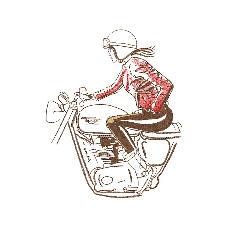 Embroidery design featuring a biker girl riding a Triumph motorcycle, showcasing adventure and freedom.
