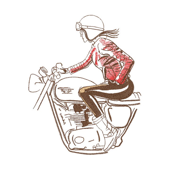 Biker girl on Triumph motorcycle embroidery design - Embroidery Design