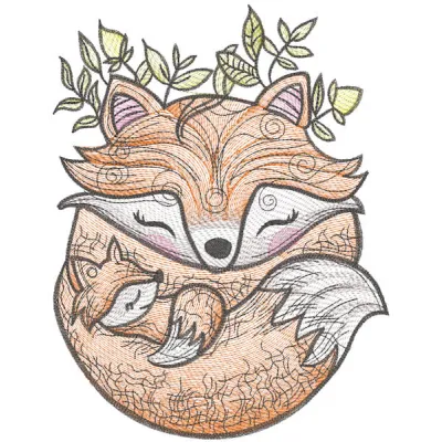 Mom fox and baby embroidery design featuring a playful mother fox and her adorable cub in vibrant thread colors.