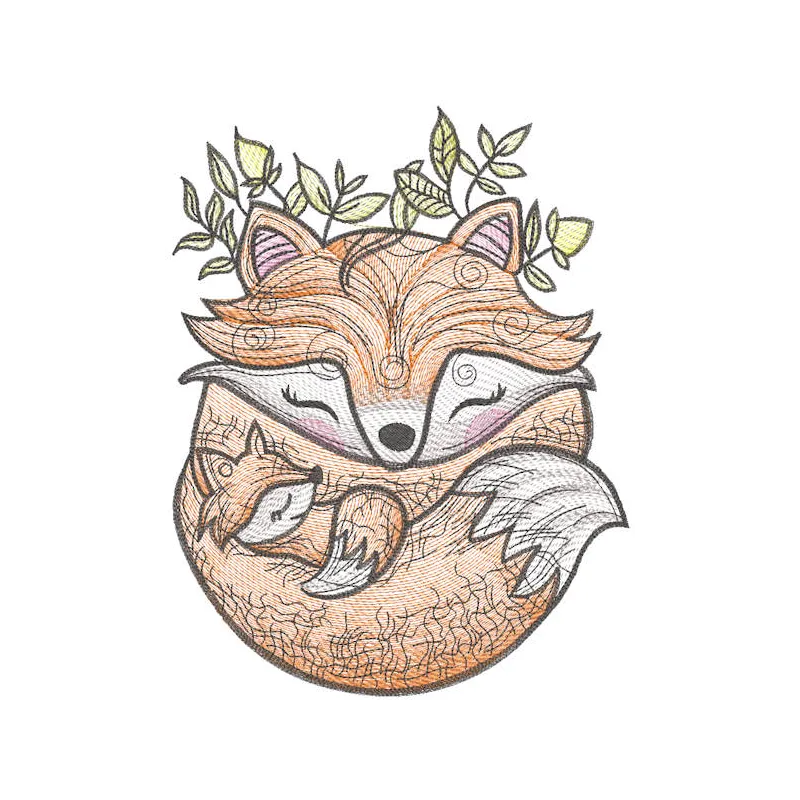 Mom fox and baby embroidery design featuring a playful mother fox and her adorable cub in vibrant thread colors.