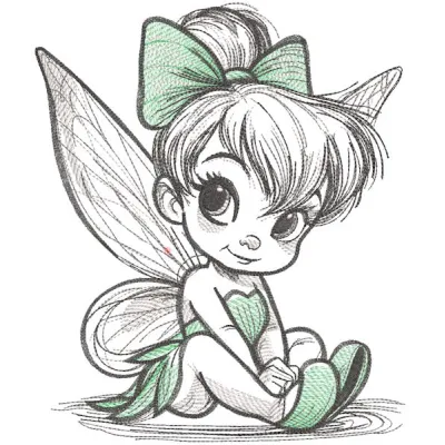 Tinker fairy sketch style embroidery design featuring a whimsical outline of Tinkerbell in a playful pose.