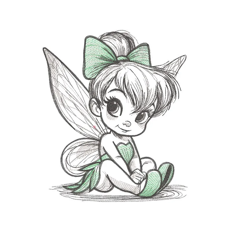 Tinker fairy sketch style embroidery design featuring a whimsical outline of Tinkerbell in a playful pose.