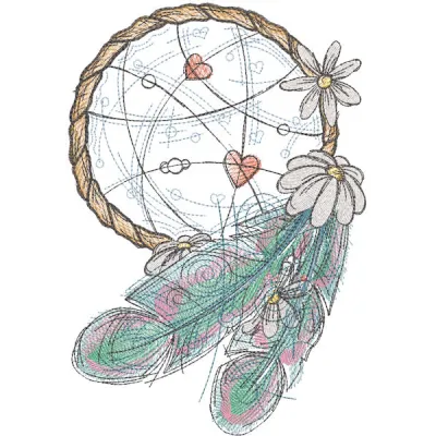 A beautifully crafted dream catcher featuring intricate daisies embroidery design, showcasing Native American artistry.