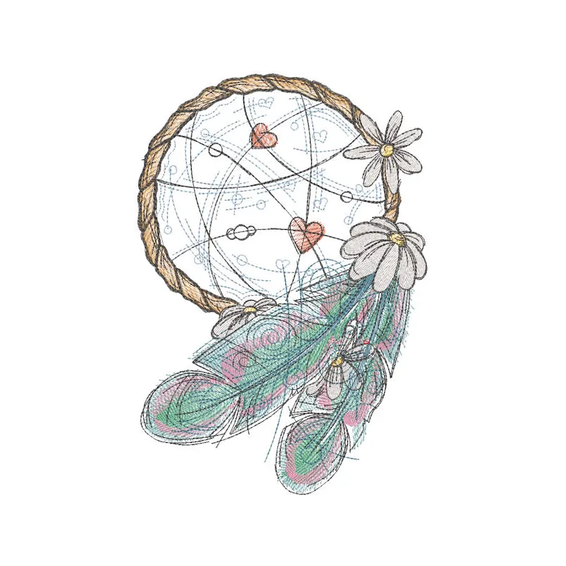 A beautifully crafted dream catcher featuring intricate daisies embroidery design, showcasing Native American artistry.