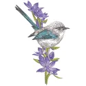 Embroidery design featuring a bird perched on a gentiana asclepiadea flower, showcasing intricate details and colors.