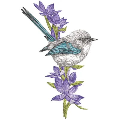 Embroidery design featuring a bird perched on a gentiana asclepiadea flower, showcasing intricate details and colors.