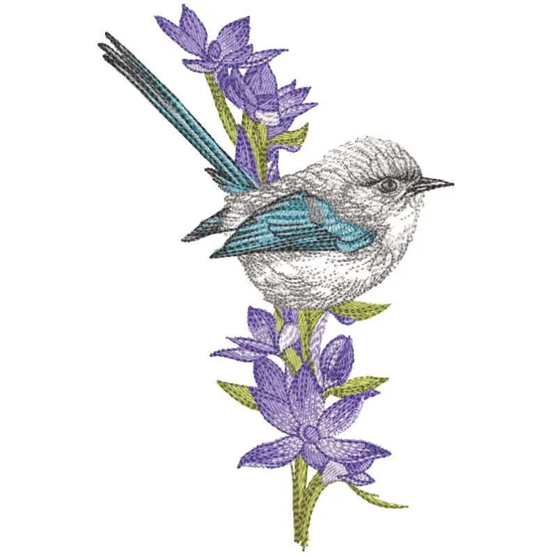 Embroidery design featuring a bird perched on a gentiana asclepiadea flower, showcasing intricate details and colors.