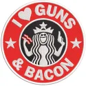 I love guns and bacon embroidery design on a coffee mug, featuring bold text and vibrant colors.