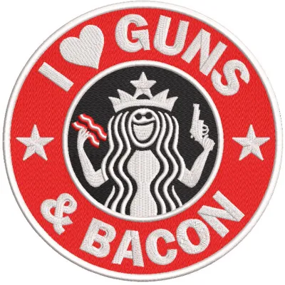 I love guns and bacon embroidery design on a coffee mug, featuring bold text and vibrant colors.