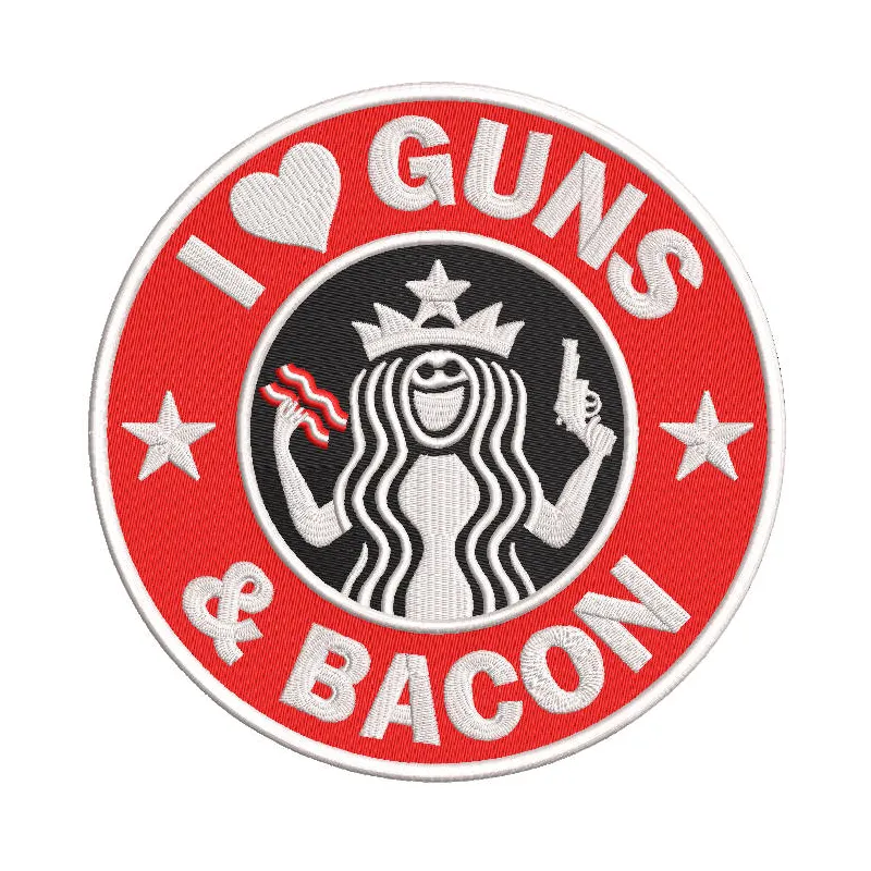 I love guns and bacon embroidery design on a coffee mug, featuring bold text and vibrant colors.