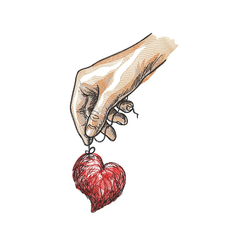 Human hand holding a vibrant red heart embroidery design, perfect for Valentine's Day celebrations.