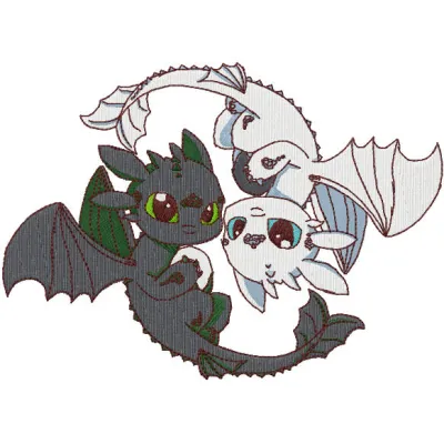 Embroidery design featuring Toothless and Light Fury from How to Train Your Dragon, showcasing their dynamic poses.