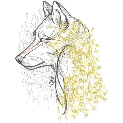 Intricate wolf dandelion embroidery design showcasing detailed stitching and vibrant colors on fabric.