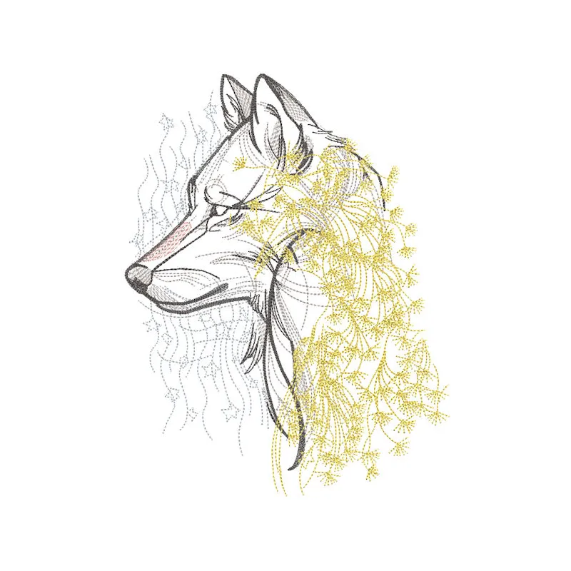Intricate wolf dandelion embroidery design showcasing detailed stitching and vibrant colors on fabric.