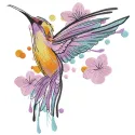 Brightly colored hummingbird embroidery design featuring intricate stitching details on a soft fabric background.
