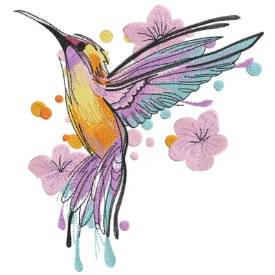 Brightly colored hummingbird embroidery design featuring intricate stitching details on a soft fabric background.