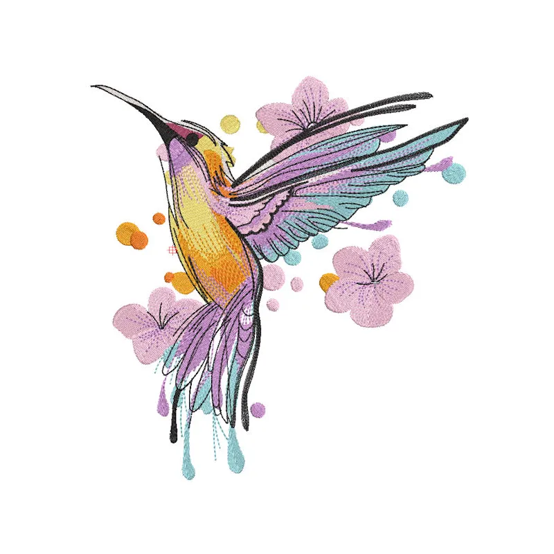 Brightly colored hummingbird embroidery design featuring intricate stitching details on a soft fabric background.