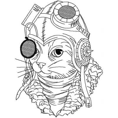 Steampunk cat embroidery design featuring intricate gears and mechanical elements on a fabric background.