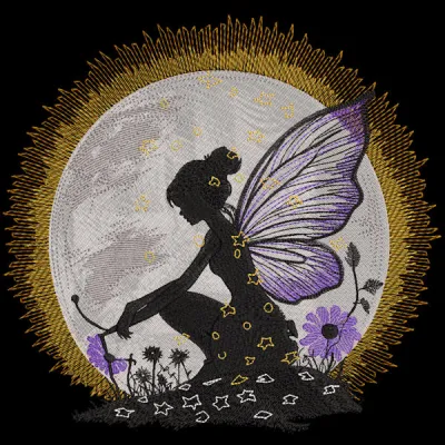 Embroidery design featuring a fairy against a serene moon background, ideal for crafting and decorative projects.