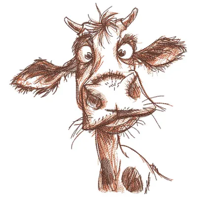 A humorous cow sketch embroidery design featuring a playful cartoon cow on a textured fabric background.