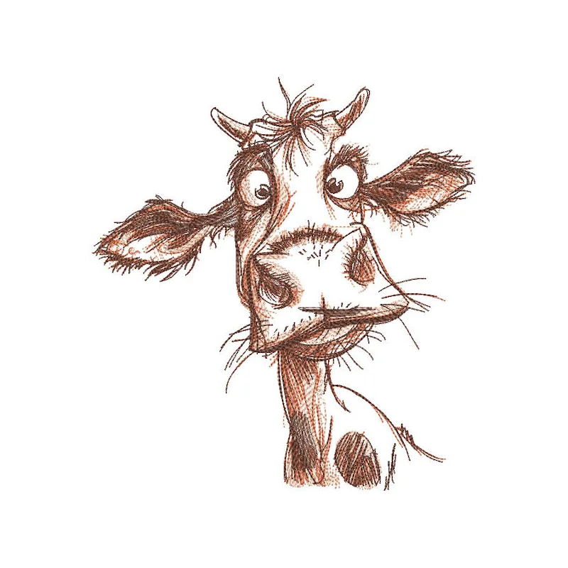 A humorous cow sketch embroidery design featuring a playful cartoon cow on a textured fabric background.