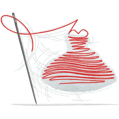 Sewing needle with a red thread, showcasing an intricate embroidery design on a white background.