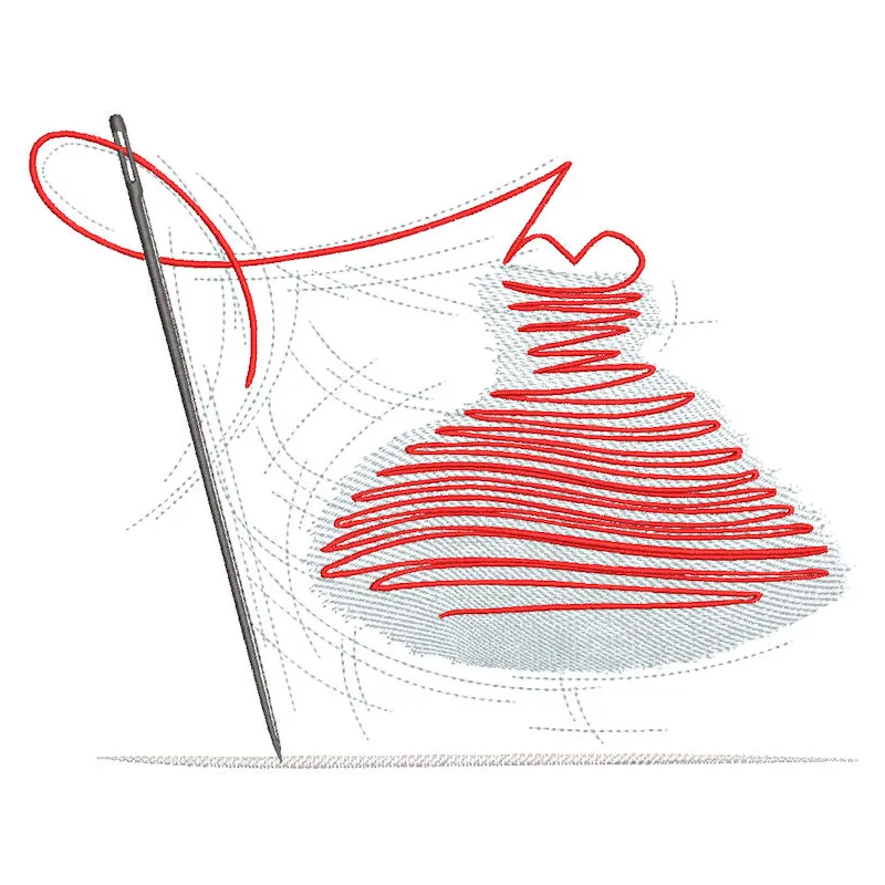 Sewing needle with a red thread, showcasing an intricate embroidery design on a white background.