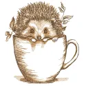 Autumn hedgehog in a mug embroidery design featuring a cute hedgehog nestled in a cozy mug with fall leaves.
