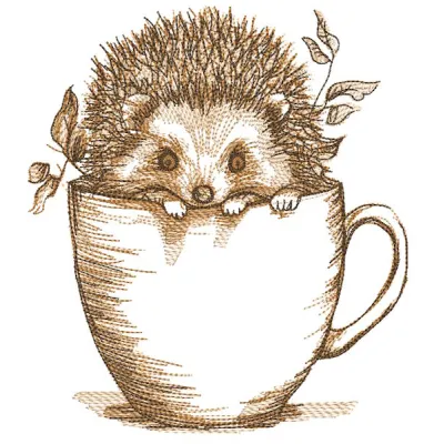Autumn hedgehog in a mug embroidery design featuring a cute hedgehog nestled in a cozy mug with fall leaves.
