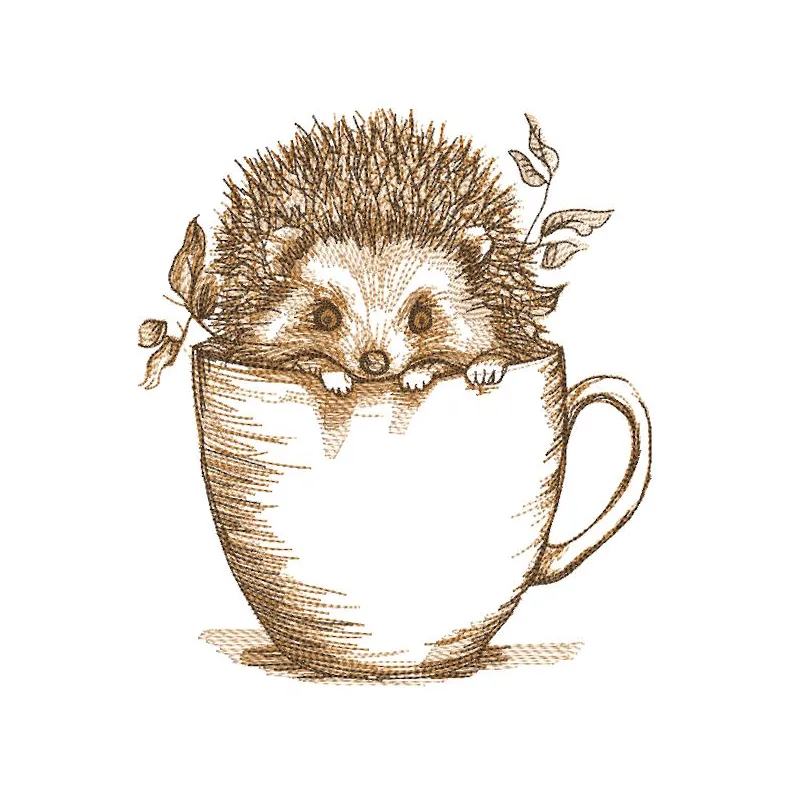 Autumn hedgehog in a mug embroidery design featuring a cute hedgehog nestled in a cozy mug with fall leaves.