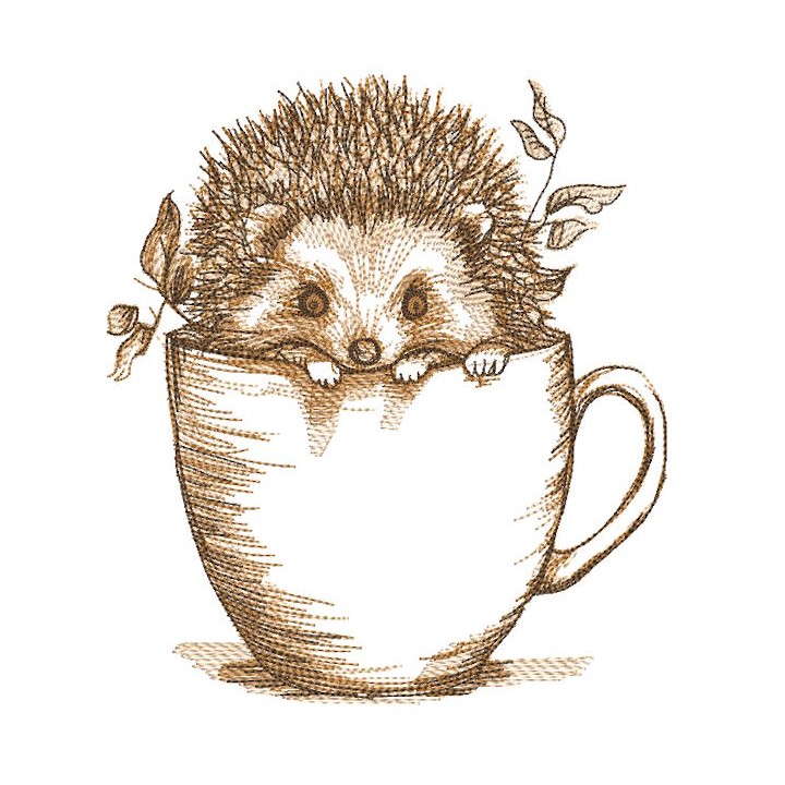 Autumn hedgehog in a mug embroidery design - Embroidery Design