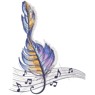 Feather treble clef embroidery design featuring intricate stitching and elegant curves on a fabric background.