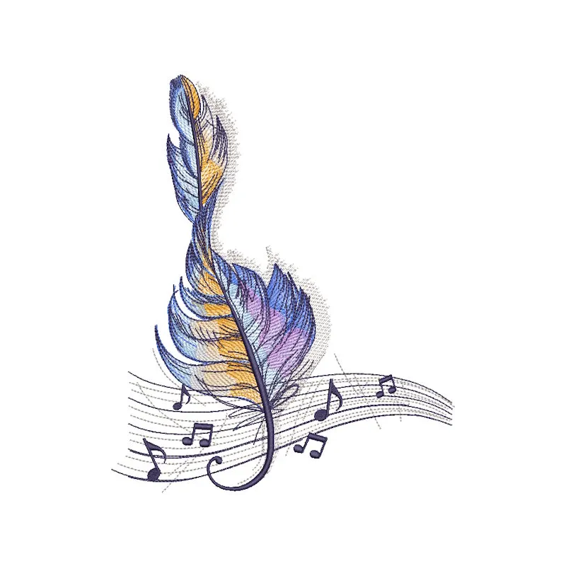 Feather treble clef embroidery design featuring intricate stitching and elegant curves on a fabric background.