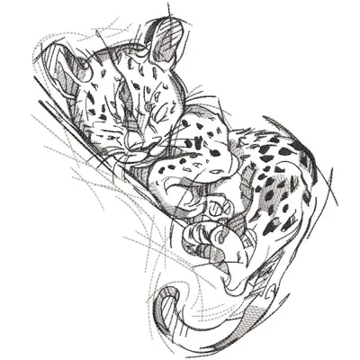 Sleeping Jaguar Cub embroidery design featuring a cute, curled-up cub with detailed fur patterns and vibrant colors.