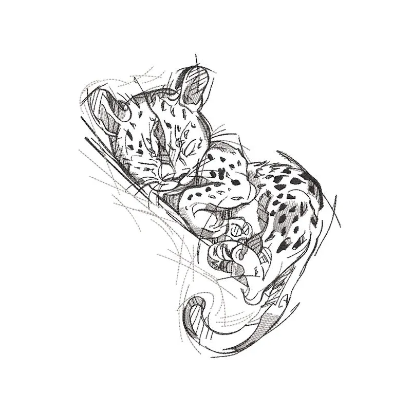 Sleeping Jaguar Cub embroidery design featuring a cute, curled-up cub with detailed fur patterns and vibrant colors.