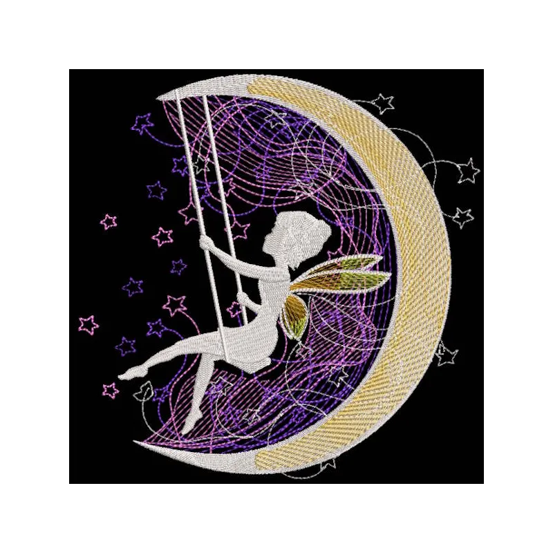 Fairy star swing crescent embroidery design featuring delicate stitching of a fairy on a crescent moon.